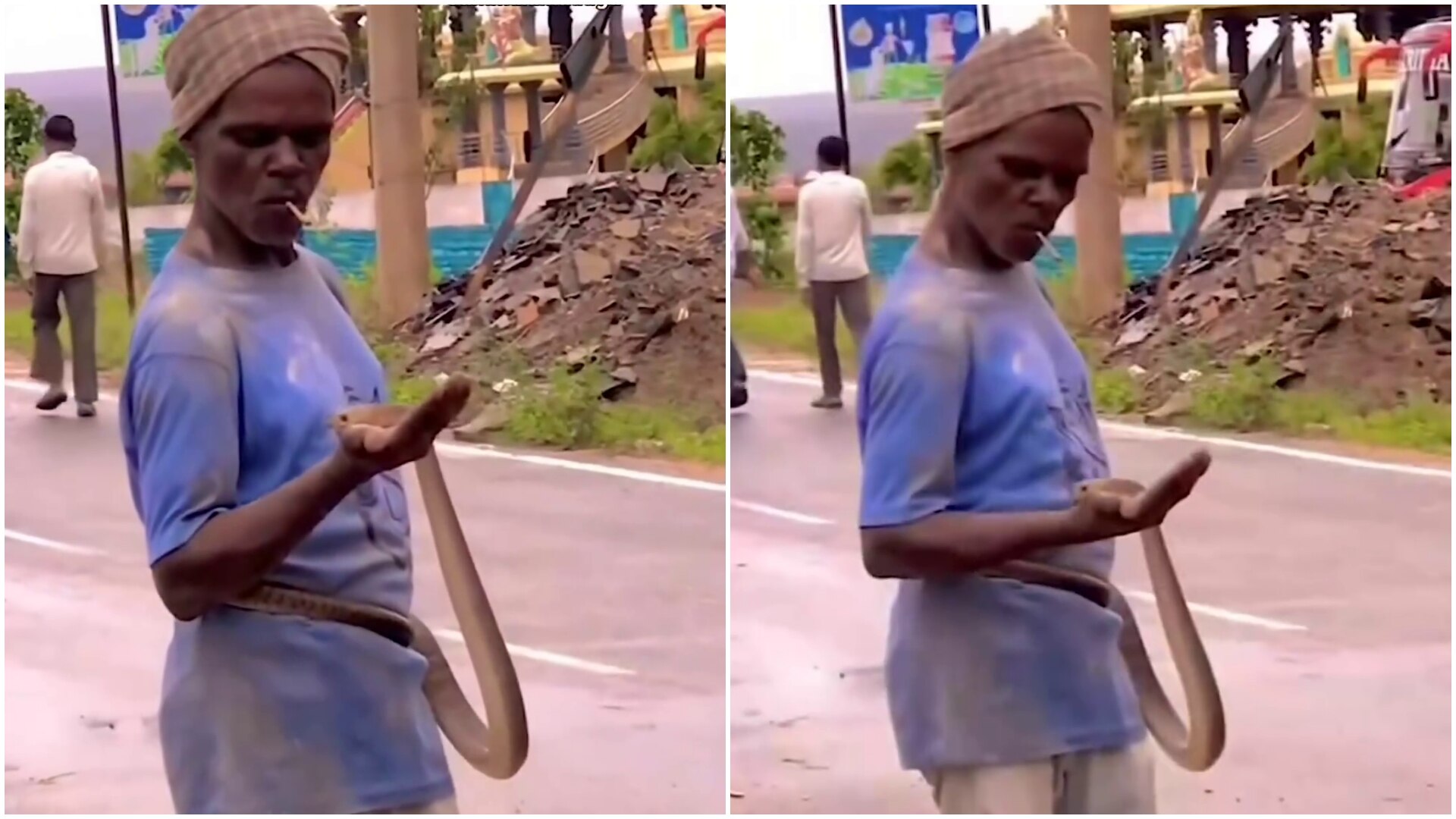 ap Drunk man wrapped snake around belly videos goes viral | ಕುಡಿದ ...