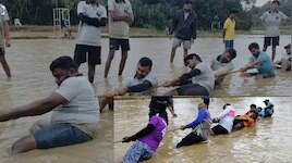 ಭಾರೀ ಮಳೆಯ ನಡುವೆ ಕೆಸರು ಗದ್ದೆಯಲ್ಲಿ ಸಖತ್ ಥ್ರೀಲ್ ಕ್ರೀಡಾಕೂಟ 