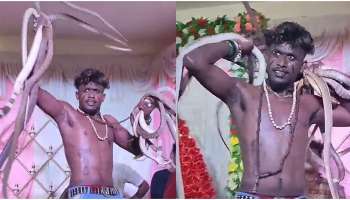 ಮದುವೆ ಕಾರ್ಯಕ್ರಮದಲ್ಲಿ ಮೈಮೇಲೆ ಹಾವು ಹಾಕ್ಕೊಂಡು ಡಾನ್ಸ್‌ ಮಾಡಿದ ಯುವಕ..!