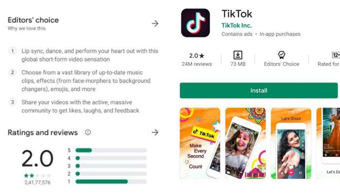 Google Play Storeನಲ್ಲಿ 4.7 ರಿಂದ 2.0ಗೆ ಇಳಿದ TikTok ರೇಟಿಂಗ್ 