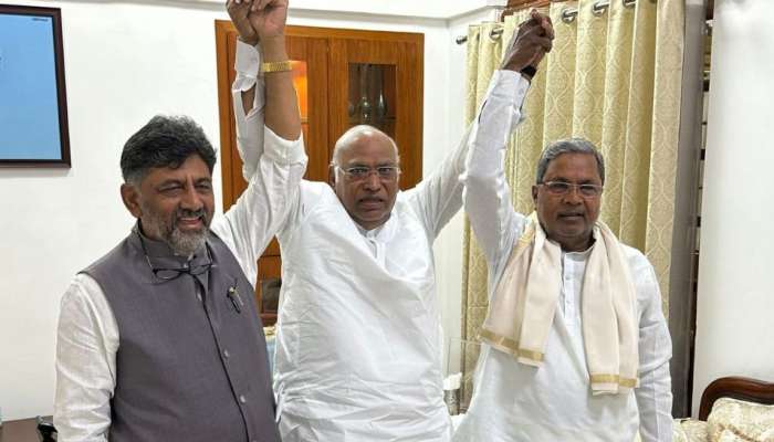 Karnataka CM Race: ಎಐಸಿಸಿ ಅಧ್ಯಕ್ಷ ಖರ್ಗೆ ನಿವಾಸದಲ್ಲಿ ಒಗ್ಗಟ್ಟು ಪ್ರದರ್ಶಿಸಿದ &#039;ಸಿದ್ದು-ಡಿಕೆಶಿ&#039; 