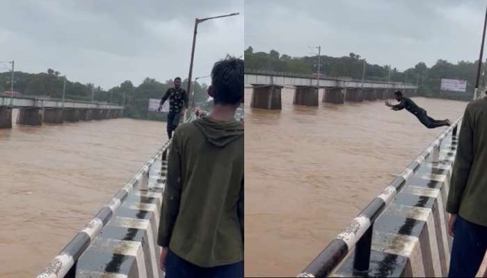 Rain News: ತುಂಬಿ ಹರಿಯುವ ನದಿಗೆ ಹಾರಿ ಯುವಕನ ಹುಚ್ಚಾಟ   title=