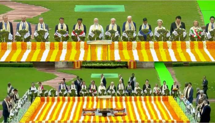 G-20 ಶೃಂಗಸಭೆ : ರಾಜ್‌ಘಾಟ್‌ನಲ್ಲಿ ಮಾಹಾತ್ಮಾ ಗಾಂಧಿ ಅವರಿಗೆ ಶ್ರದ್ಧಾಂಜಲಿ ಸಲ್ಲಿಸಿದ ವಿಶ್ವ ನಾಯಕರು